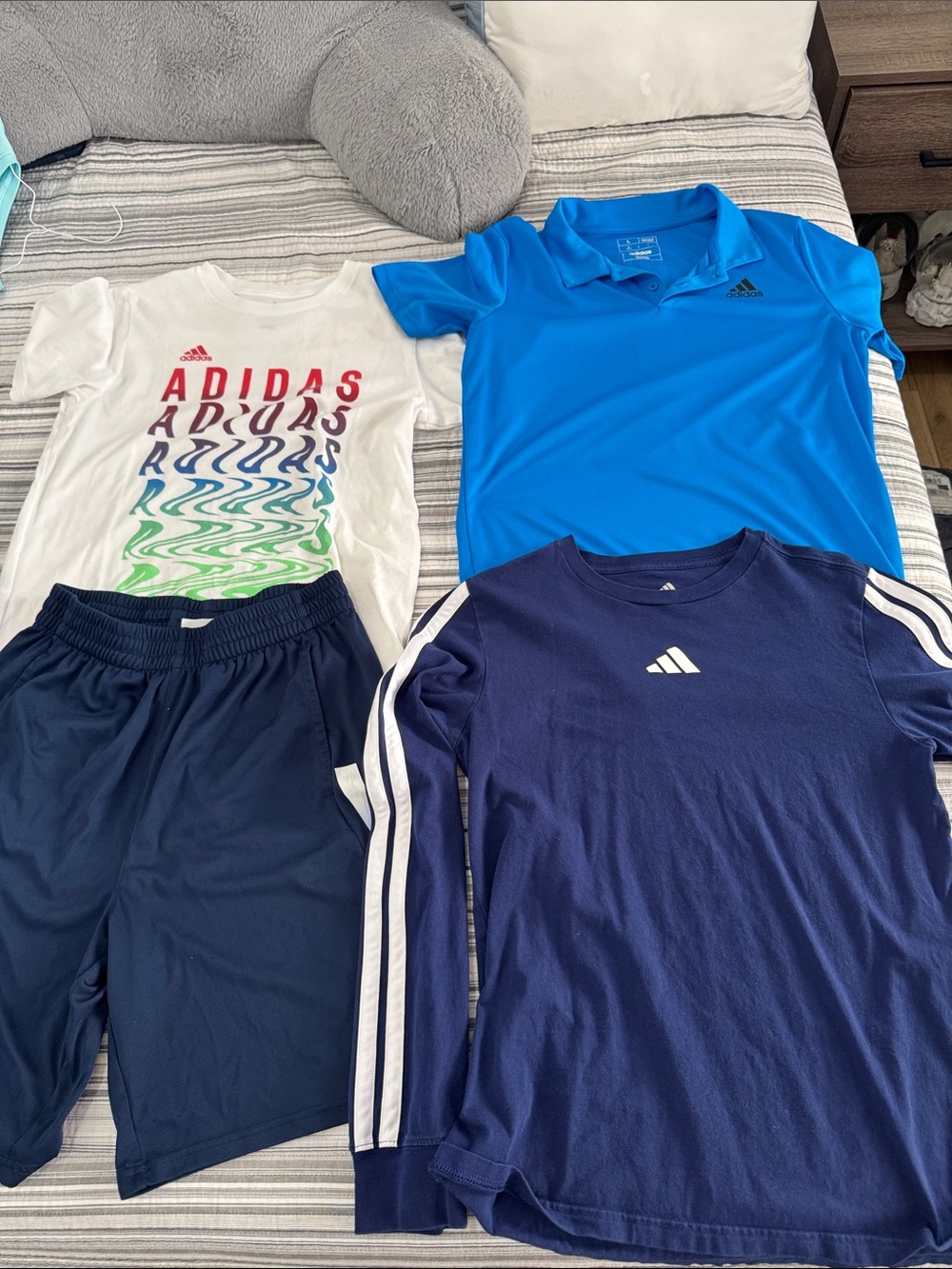 adidas Blue Polo, Navy Long-Sleeve, White Graphic Tee & Navy Shorts Set